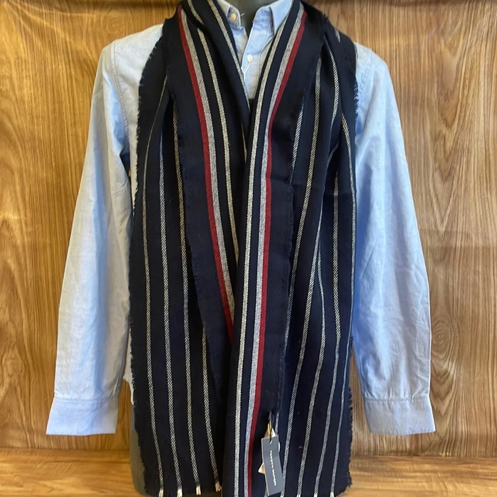 Tommy Hilfiger Skinny Collegiate Striped Fringe Knit Scarf NWT